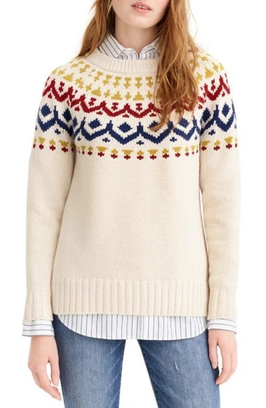 J Crew Cream Fair Isle Pattern Cozy Merino Wool Sweater XS